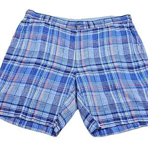 Peter Millar Mens Sz 40 Blue Seaside Plaid 100% Linen 9" Pockets Golf Shorts